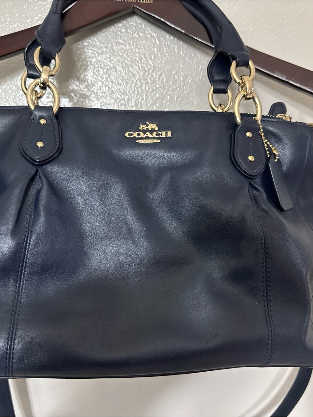 Coach Navy Leather Shoulder Bag with Gold Hardware